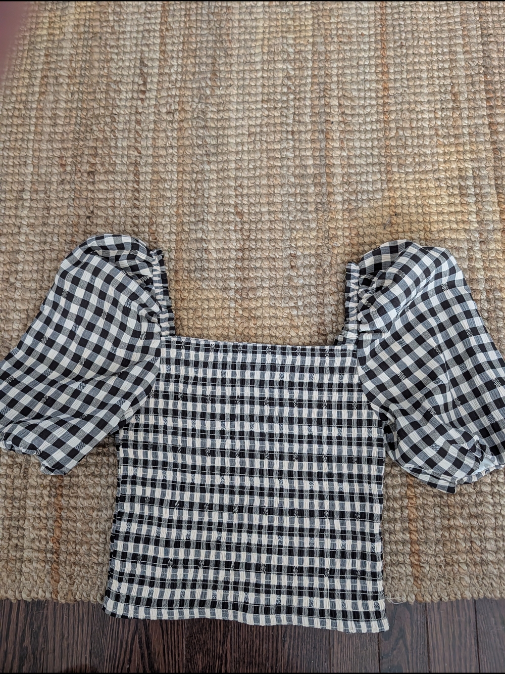 B B Dakota for Steve Madden Smocked Gingham Puff Sleeve Square Neck Top